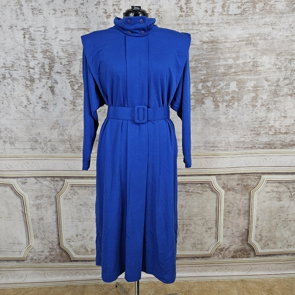 Vintage 80s Avante Garde Blue Dress M VTG 1980s Shirtdress Cobalt Wool Blend - Picture 2 of 11